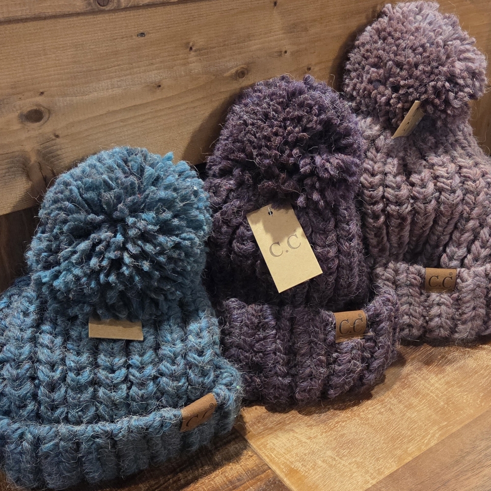 C.C Cozy Pom Pom Beanie Trio - Blue and Purple
